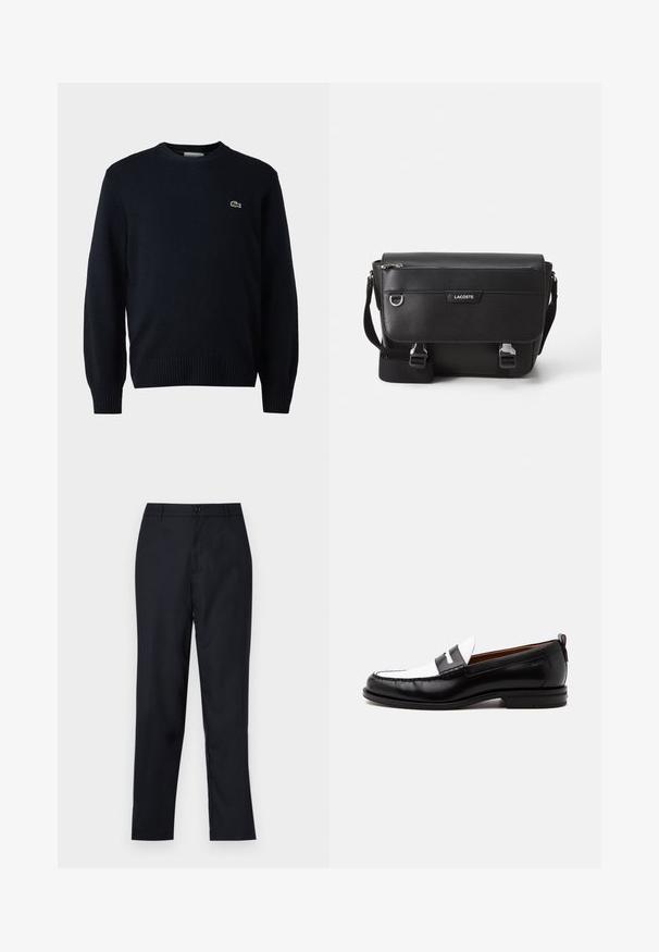 Marineblauer Rundhalsausschnitt-Pullover aus weichem Material mit gerippten Bündchen und Saum. Kleines grünes Lacoste-Logo auf der Brust.; Marineblaue Hose aus glattem Stoff, mit geradem Beinschnitt, einem einzigen Knopfverschluss und dezenten vorderen Falten.; Schwarz-weißer Lederloafer mit genähten Details, niedrigem Absatz und einem Slip-On-Design, seitlich auf neutralem Hintergrund gezeigt.; Schwarze, strukturierte Lacoste-Umhängetasche mit verstellbarem Tragegurt, Frontklappe, Reißverschlusstasche und Metallschnallen.