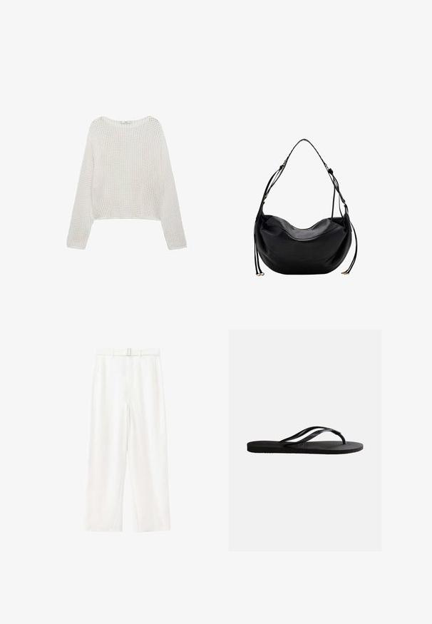Suéter de punto blanco de manga larga con un patrón texturizado y un corte cropped. Escote sencillo y detalle de ribete en el dobladillo.; Pantalones blancos de pierna ancha y talle alto con cinturón de la misma tela y bolsillos laterales, mostrados sobre un fondo blanco liso.; Chancla negra de goma con plantilla texturizada y finas correas en forma de Y sobre un fondo blanco liso.; Bolso de hombro de cuero negro con una sola correa y detalles de cremallera y herrajes en tono dorado sobre un fondo blanco.