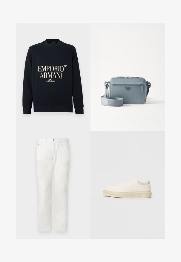 Sweat-shirt bleu marine à manches longues, col rond, et texture de tissu lisse. Présente un logo blanc "EMPORIO ARMANI" et "Milano" sur le devant.; Jean droit blanc avec fermeture devant par bouton et fermeture éclair, passants pour ceinture et poches avant, présenté sur un fond uni.; Sneaker blanc avec une tige en toile lisse, des lacets plats, un col rembourré et un accent gris texturé à l'arrière. Semelle en caoutchouc épaisse.; Sac à bandoulière structuré bleu en matériau texturé, avec une fermeture éclair, une poche avant et une sangle réglable arborant le logo "EMPOR".