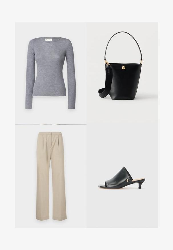 Tops à manches longues gris côtelé avec un col rond et une silhouette ajustée. Le tissu a une texture lisse et un léger éclat.; Pantalons beige clair avec une jambe droite, taille élastique et un bouton à l'avant. Fabriqués à partir d'un tissu texturé.; Mules ouverts en cuir noir avec un talon bas. Présentent une surface lisse et un accent logo doré sur le côté.; Sac seau en cuir noir avec une courte poignée et une large bandoulière en tissu amovible, avec un petit emblème rond doré sur le devant.