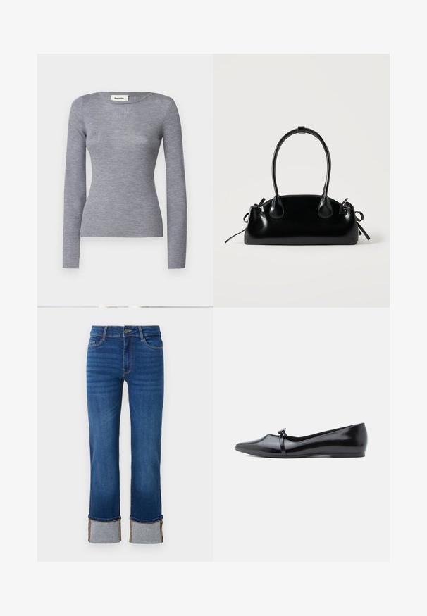 Grå ribbet langærmet bluse med rund halsudskæring og tætsiddende silhuet. Stoffet har en glat tekstur og en subtile glans.; Blå denimjeans med lige ben, der har opkrøllede manchetter i lys grå. Mellemhøj talje og traditionelt fem-lomme design.; Sort laklæderballerina med spids tå, dekorativ rem og glat tekstur. Minimalistisk design uden synlige detaljer.; Lille sort blank håndtaske med to lange håndtag og snøre-detaljer i siden på en ensfarvet lys baggrund.