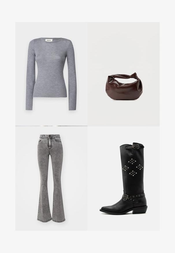 Grå ribbet langærmet bluse med rund halsudskæring og tætsiddende silhuet. Stoffet har en glat tekstur og en subtile glans.; Højtaljede flared jeans i en falmet grå denim med slidte detaljer, med knaplukning og fem-lomme design.; Sort læder midt på kalv støvle med sølv nitter i diamantmønstre, spænder nær toppen og anklen, og en lav skråt hæl.; Mørkebrun læder skuldertaske med en blød, afslappet form og et snoet knudehåndtag på en ensartet hvid baggrund.
