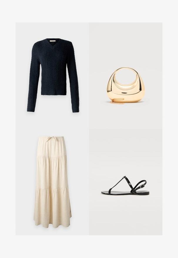 Mørkeblå strikket sweater med V-hals, lange ærmer, struktureret ribbet mønster og en let cropped kant.; Beige maxi-nederdel i lag med elastisk talje og snøre, med et flydende, opsamlet stofdesign.; Sorte flade sandaler med en glansfuld lakfinish, tynde stropper og lukning med spænde på siden. Har et minimalistisk design og glat tekstur.; Lille skinnende gylden metalhåndtaske med cirkulært håndtagssnit og tynd kædestrop på lysegrå baggrund.