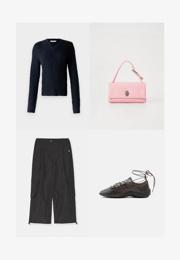 Mørkeblå strikket sweater med V-hals, lange ærmer, struktureret ribbet mønster og en let cropped kant.; Svarte cargo-bukser lavet af letvægtsstof har sidelommer, justerbar snorekant og knaplukning.; Brun lædersneaker med sort sål og lange snørebånd viklet omkring anklen, vist fra siden på en hvid baggrund.; Lyserød læderhåndtaske med en struktureret rektangulær form, et enkelt kort håndtag og en sølvfarvet lukke detalje på fronten.