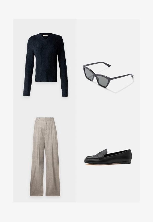 Jersey de punto azul oscuro con escote en V, mangas largas, patrón acanalado texturizado y un dobladillo ligeramente corto.; Pantalones de pierna ancha en gris claro, con un sutil patrón de pata de gallo, pliegues, pasadores para cinturón y una textura suave.; Mocasín de cuero negro con tacón bajo, detalles cosidos y un pequeño detalle metálico en la parte superior.; Gafas de sol de plástico negro con forma geométrica de ojo de gato, lentes gris oscuro y acabado mate. Presentan un logo plateado en las varillas.