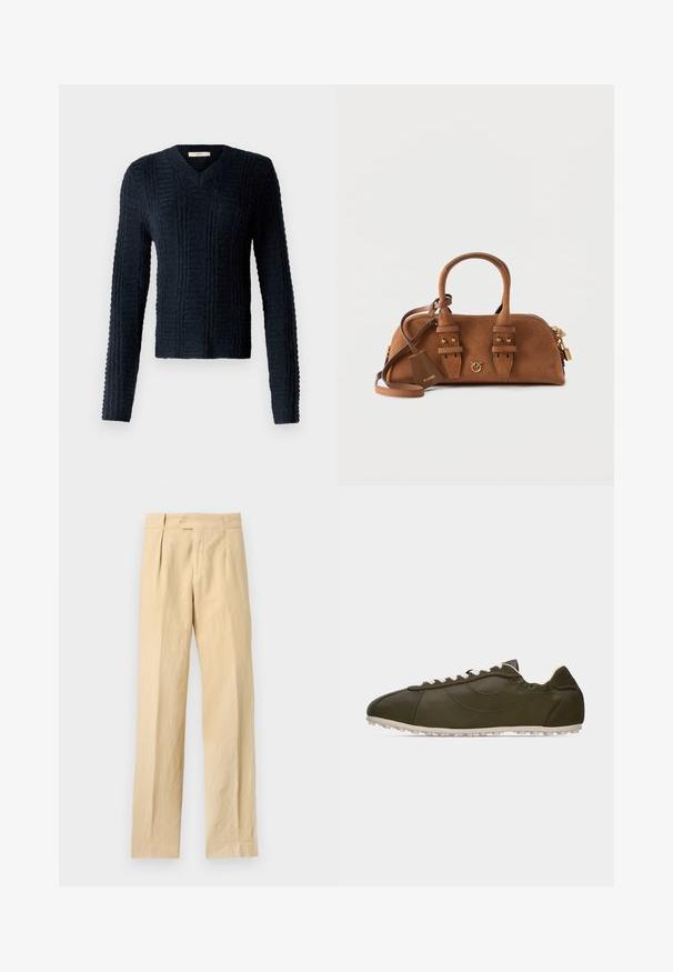 Mørkeblå strikket sweater med V-hals, lange ærmer, struktureret ribbet mønster og en let cropped kant.; Beige bukser med lige ben, lukning med knap og lynlås, frontplisseringer og sidelommer mod en ensfarvet baggrund.; Lavprofileret mørkegrøn sneaker med hvide snørebånd og lys beige sål, vist fra siden på en ensfarvet lys baggrund.; Brun ruskindstaske med to håndtag, justerbar skulderrem, guldfarvet beslag og lille hængelåsdetalje på en ensfarvet baggrund.