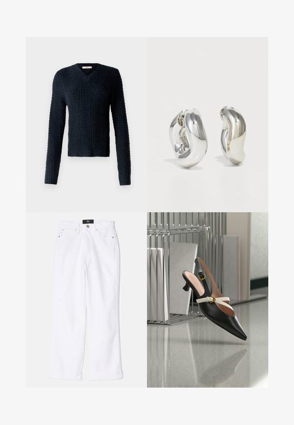 Mørkeblå strikket sweater med V-hals, lange ærmer, struktureret ribbet mønster og en let cropped kant.; Hvide denimjeans med lige ben-design, der har en knaplukning, to forlommer og opsmøgede bukseben.; Sort spids tå lædersko med slingback, lav hæl og hvide spænder, vist nær metalskabe med bøger eller mapper.; Sølvskulpturelle øreringe med glatte, buede former og reflekterende overflader. Har et lukket hoop-design og en markant organisk form.