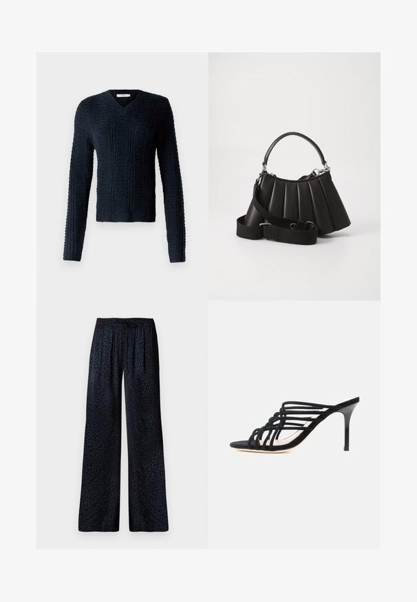 Jersey de punto azul oscuro con escote en V, mangas largas, patrón acanalado texturizado y un dobladillo ligeramente corto.; Pantalones de pierna ancha en tejido oscuro con un sutil estampado de leopardo negro, cinturilla elástica y un drapeado cómodo.; Sandalia mule negra de tacón alto con finas tiras entrecruzadas y un tacón stiletto delgado sobre fondo blanco.; Bolso de mano negro con pliegues, manejo redondeado, correa ajustable y textura brillante. Presenta herrajes plateados y una silueta estructurada.