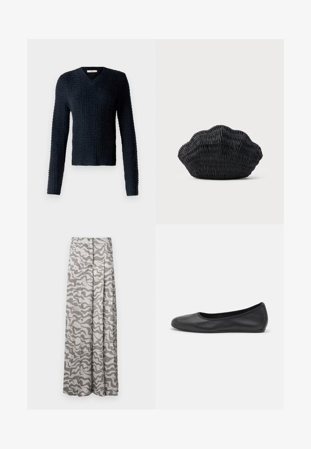 Mørkeblå strikket sweater med V-hals, lange ærmer, struktureret ribbet mønster og en let cropped kant.; Bredde bukser i et letvægtsstof med et grå- og hvidt bølget camouflage-mønster, med knaplukning og plisseret design.; Sort læderballetsko med rund tå, glat tekstur, minimal syning og et fleksibelt såldesign.; Sort flet håndtaske formet som en muslingeskal med en buet top og flettet tekstur på en ensfarvet baggrund.