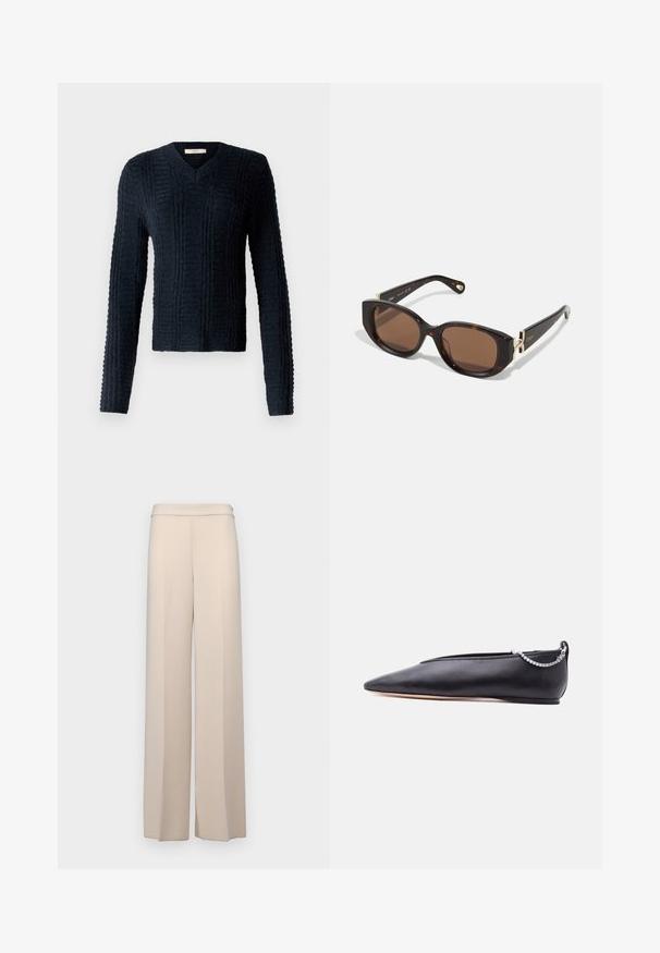 Jersey de punto azul oscuro con escote en V, mangas largas, patrón acanalado texturizado y un dobladillo ligeramente corto.; Pantalones de pierna ancha en color beige, confeccionados en una tela suave, con una cintura alta y ligeros pliegues frontales. Sin bolsillos ni detalles de hardware visibles.; Zapato plano de cuero negro con punta, tacón bajo y detalle de cadena plateada en la parte trasera sobre un fondo liso.; Gafas de sol de carey marrón con lentes rectangulares, acentos de hardware dorado en las patillas y brazos negros elegantes.