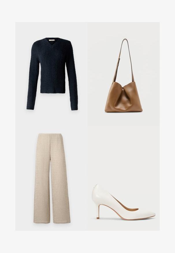 Mørkeblå strikket sweater med V-hals, lange ærmer, struktureret ribbet mønster og en let cropped kant.; Beige bukser med brede ben og et subtilt bølget teksturmønster samt en elastisk talje, vist mod en hvid baggrund.; Hvide patentlæder højhælede pumper med spids tå og lav udskæring, featuring en glat overflade og en slank 7,5 cm hæl.; Brun skuldertaske i læder med justerbar rem, blødt, afslappet design og diskret præget logo på forsiden mod en ensfarvet baggrund.