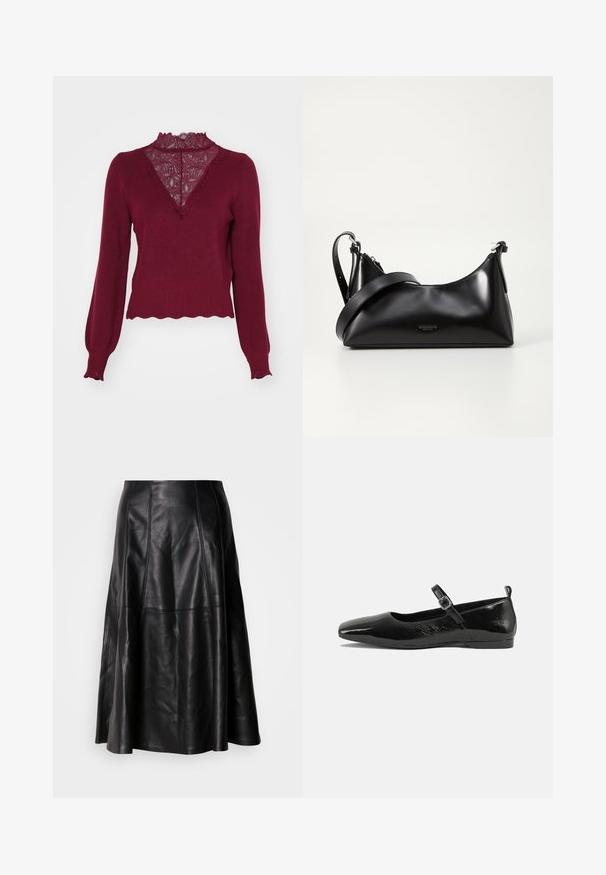 Pull bordeaux avec un panneau en dentelle et un ourlet en dents de scie. Manches longues avec des poignets à côtes. Présente un décolleté en V et un tricot texturé.; Jupe en cuir noir avec une silhouette évasée, présentant des coutures visibles et une texture lisse. Conception mi-longue avec une coupe classique.; Chaussure plate en cuir verni noir avec un bout pointu, une sangle de cheville avec boucles, et une texture lisse et brillante. Talon bas pour le confort.; Sac à main en cuir noir avec une texture lisse. Dispose d'une bandoulière adjustable et d'un design élégant et minimaliste avec une fermeture éclair.