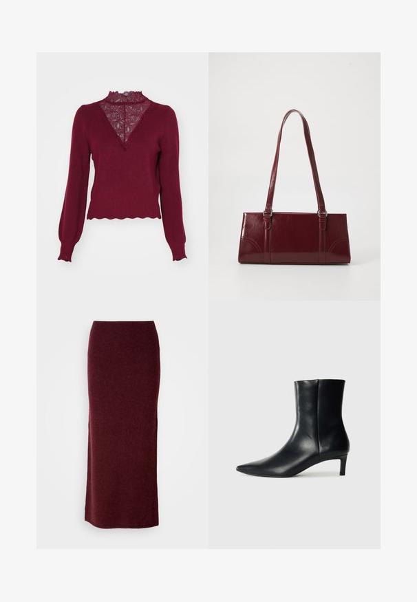 Bordeaux sweater med en blonderpanel og bølget kant. Lange ærmer med ribbede manchetter. Har en V-hals design og struktureret strik.; Bordeaux uld maxi nederdel med en tætsiddende silhuet, glat tekstur og lige kant. Ingen synlige lukninger eller udsmykninger.; Sort læder ankelstøvle med spids tå, tapered silhuet og en lav, rund hæl. Glat tekstur med minimal detaljer.; Bordeaux håndtaske lavet af glansfuldt materiale, rektangulær form, med to skulderremme og subtile buede detaljer på forsiden.