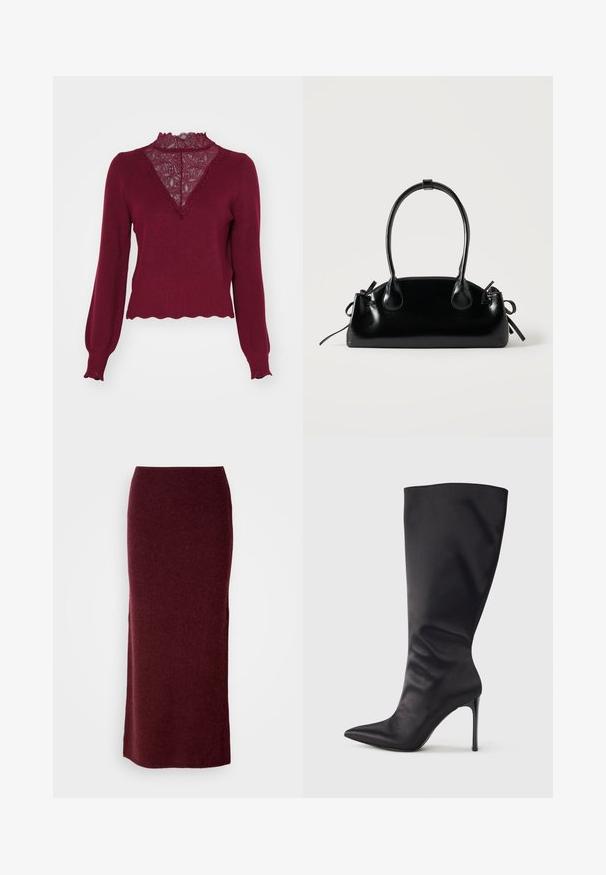 Pull bordeaux avec un panneau en dentelle et un ourlet en dents de scie. Manches longues avec des poignets à côtes. Présente un décolleté en V et un tricot texturé.; Jupe maxi en laine bordeaux avec une silhouette ajustée, une texture lisse et un ourlet droit. Sans fermetures ou embellissements visibles.; Botte noire haute jusqu'aux genoux en cuir verni lisse et élégant ; bout pointu ; ajustée avec un léger froncé près de la cheville ; talon brillant.; Petit sac à main noir brillant avec deux longues anses et des détails à cordon sur les côtés sur un fond clair uni.