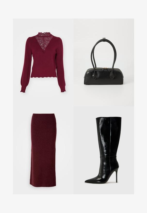 Pull bordeaux avec un panneau en dentelle et un ourlet en dents de scie. Manches longues avec des poignets à côtes. Présente un décolleté en V et un tricot texturé.; Jupe maxi en laine bordeaux avec une silhouette ajustée, une texture lisse et un ourlet droit. Sans fermetures ou embellissements visibles.; Bottes noires en cuir, hautes jusqu'au genou, avec un bout pointu et un talon aiguille haut. Texture lisse et design épuré, avec un minimum de détails.; Sac à main en cuir noir avec deux anses allongées, fermeture éclair et forme arrondie ; texture lisse avec une finition légèrement brillante.