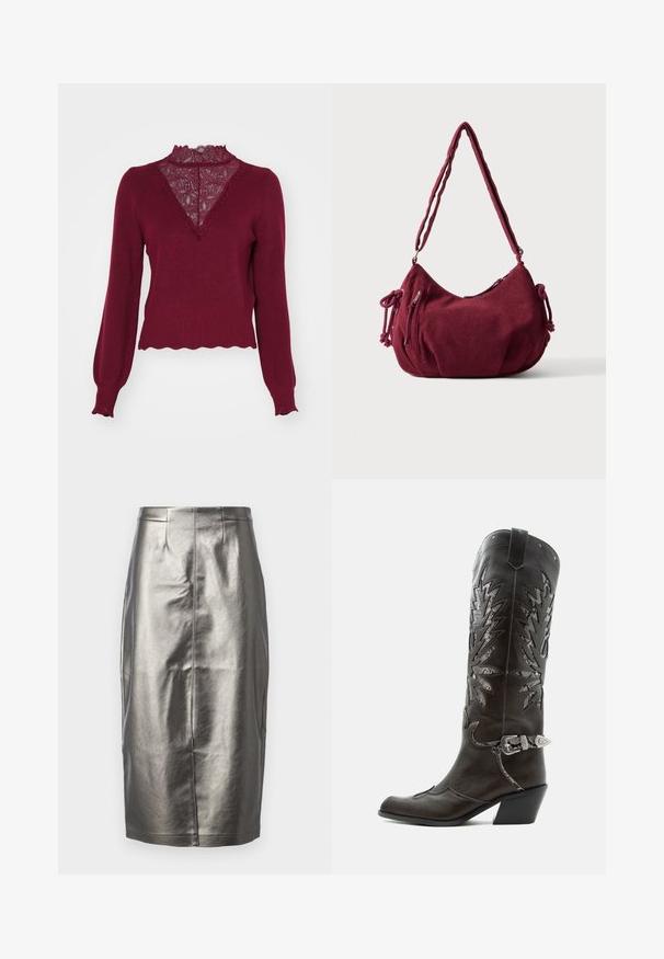 Bordeaux sweater med en blonderpanel og bølget kant. Lange ærmer med ribbede manchetter. Har en V-hals design og struktureret strik.; Metallic sølv blyantskirt i et glat, skinnende materiale. Har høj talje, slids bagpå og detaljer med midtersøm.; Sort læder cowboystøvle med dekorative udskæringer, sølvspænde og skrå hæl, vist på hvid baggrund.; Blød bordeaux kordfløjls skuldertaske med justerbar rem, lynlås lukning, sidelommer med bindebånd og en front lynlåslomme.