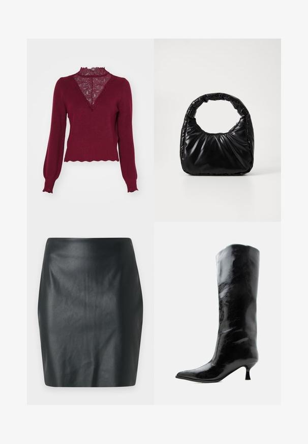 Bordeaux sweater med en blonderpanel og bølget kant. Lange ærmer med ribbede manchetter. Har en V-hals design og struktureret strik.; Sort faux læder mini skirt med en glat tekstur, slim fit og lige pasform. Ingen synlig hardware eller udsmykninger.; Sort skinnende knæhøj læderstøvle med spids tå og lav buet hæl på en ensfarvet lys baggrund.; Sort polstret håndtaske med et rundt håndtag, der har en glat, skinnende overflade og en blød, kviltet tekstur. Ingen synlige hardware eller accenter.