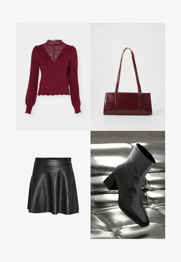 Bordeaux sweater med en blonderpanel og bølget kant. Lange ærmer med ribbede manchetter. Har en V-hals design og struktureret strik.; Sort nederdel i kunstlæder med et udvidet A-linje design, der har en glat, skinnende overflade og en tætsiddende talje.; Sorte ankelstøvler lavet af glossy materiale med firkantet tå og spidse hæle, sat mod en skinnende sølv tuftet baggrund.; Bordeaux håndtaske lavet af glansfuldt materiale, rektangulær form, med to skulderremme og subtile buede detaljer på forsiden.