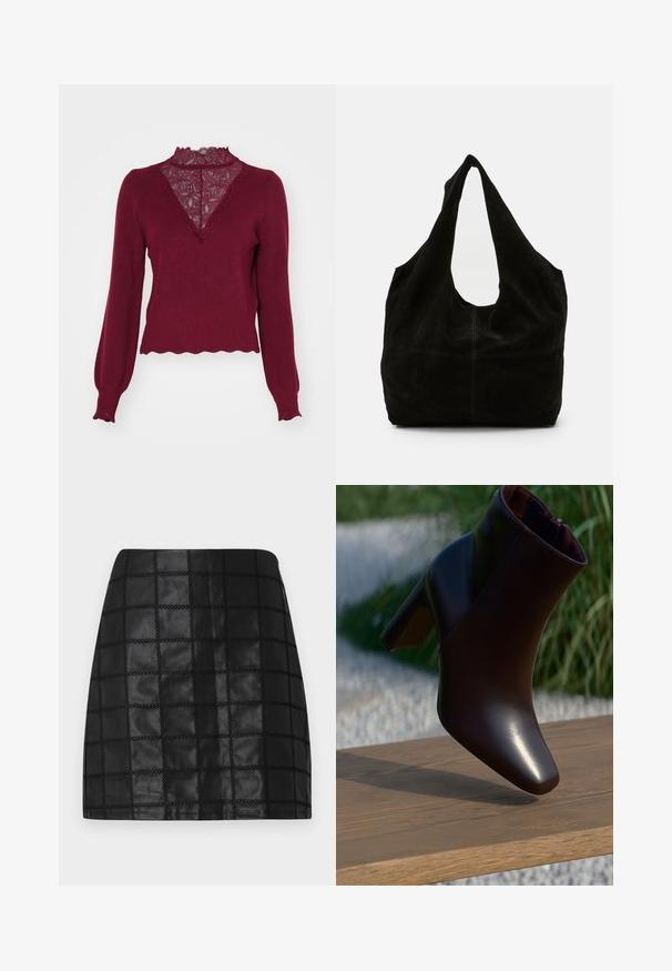 Bordeaux sweater med en blonderpanel og bølget kant. Lange ærmer med ribbede manchetter. Har en V-hals design og struktureret strik.; Sort læder mini-sundskørt med et struktureret gittermønster, der har forhøjede sømme og en slank silhuet. Den glatte overflade fremhæver designet.; Skinnende sorte læder ankelstøvler med blokhæl, der hviler på en træoverflade mod en sløret udendørs baggrund.; Sort ruskind skuldertaske med en afslappet design, en bred, buet strop og et sømløst udseende med minimal syning.