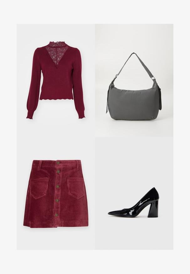 Bordeaux sweater med en blonderpanel og bølget kant. Lange ærmer med ribbede manchetter. Har en V-hals design og struktureret strik.; Lys rød corduroy mini nederdel med frontlukning med knapper, to frontlommer og bæltestropper.; Sorte lakerede højhælede sko med spids tå og en kraftig hæl, der har en glat, skinnende overflade og et elegant design.; Grå polstret skuldertaske med en buet form, en glat tekstur, justerbar strop og et diskret prægede logo på forsiden.