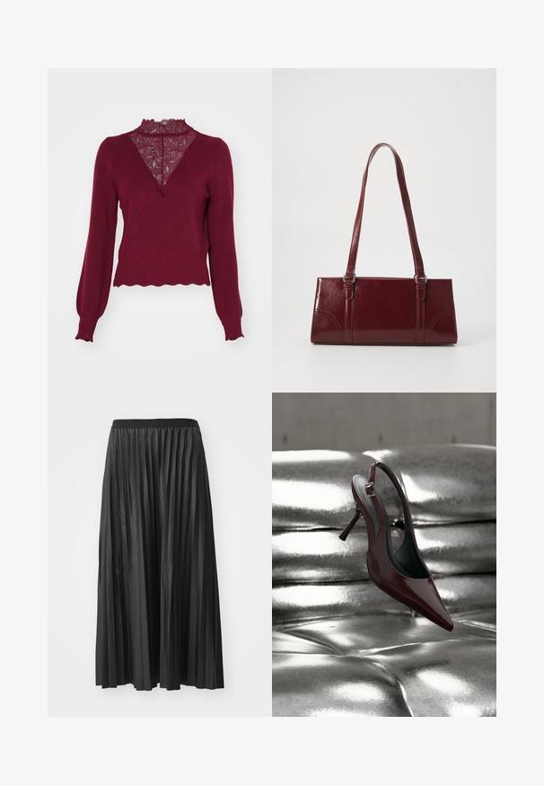 Pull bordeaux avec un panneau en dentelle et un ourlet en dents de scie. Manches longues avec des poignets à côtes. Présente un décolleté en V et un tricot texturé.; Jupe maxi plissée noire avec une texture lisse et une taille élastique, dotée de plis verticaux qui créent du volume et du mouvement.; Chaussure slingback à talon haut rouge foncé avec bout pointu reposant sur une surface matelassée argentée métallique brillante.; Sac à main bordeaux en matériau brillant, de forme rectangulaire, avec deux anses et des accents légèrement courbés à l'avant.