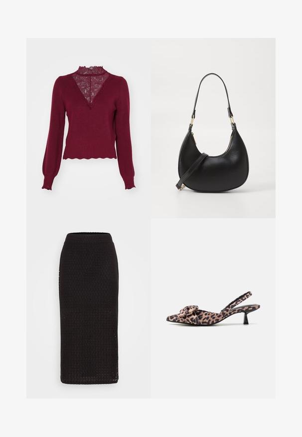 Bordeaux sweater med en blonderpanel og bølget kant. Lange ærmer med ribbede manchetter. Har en V-hals design og struktureret strik.; Sort knælang blyantskirt lavet af tekstureret, åndbart stof med et perforeret mønster og en tætsiddende talje.; Spidse slingback hæle i leopardprintet stof med en bue-accent, der har en lav sort hæl og glat tekstur.; Sort læder håndtaske med en buet form, udstyret med en top-lynlås, et kort håndtag og en aftagelig crossbody-strop. Gyldne hardware-accenter.