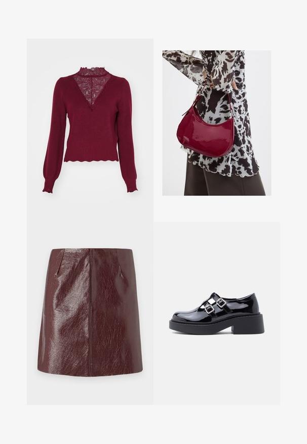 Pull bordeaux avec un panneau en dentelle et un ourlet en dents de scie. Manches longues avec des poignets à côtes. Présente un décolleté en V et un tricot texturé.; Vero Moda VMNELLY SKIRT - Minijupe - wine tasting; Chaussures à plateforme en cuir verni noir avec talon large, design découpé, et deux boucles argentées sur le dessus du pied. Semelle en caoutchouc plate.; Femme portant un chemisier à motif noir et blanc tenant un sac à main rouge brillant sur un fond uni.