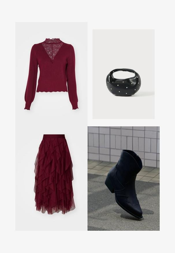 Bordeaux sweater med en blonderpanel og bølget kant. Lange ærmer med ribbede manchetter. Har en V-hals design og struktureret strik.; Bordeaux tylskørt med flere lag af flæser, en bred talje og en flydende silhuet. Letvægts, tekstureret stof forbedrer bevægelsen.; Sort læderankelstøvle med lav hæl, dekorative syninger og spids tå, placeret opret på en brolagt overflade ved siden af en flisebelagt væg.; Sort læderhåndtaske med en rundet form, dekoreret med sølvnitter, og et kort håndtag. Glat tekstur og lynlåslukning.