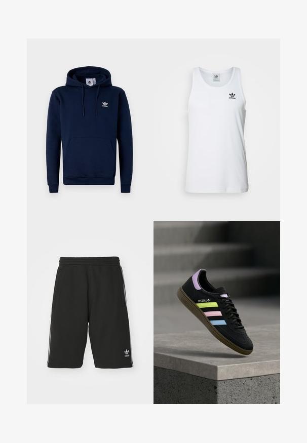 Sudadera azul marino hecha de un tejido suave y texturizado. Cuenta con un bolsillo frontal, capucha con cordón y un logo blanco en el pecho. Diseño sencillo.; Top sin mangas blanco con canalé y escote redondo, logo negro de Adidas en el lado izquierdo del pecho. Material de algodón suave, corte casual.; Pantalones cortos negros hechos de una mezcla de algodón con una cinturilla elástica, que presentan rayas blancas en los laterales y un pequeño logotipo en la parte inferior izquierda.; Zapatilla Adidas Spezial negra con rayas en amarillo pastel, rosa y azul, lengüeta trasera lavanda y suela marrón, flotando sobre un bordillo de cemento.