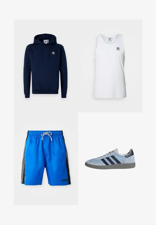 Marineblauwe hoodie van zacht, gestructureerd stof. Voorzien van een buidelzak aan de voorkant, een capuchon met trekkoord en een wit logo op de borst. Eenvoudig ontwerp.; Witte geribde tanktop met ronde hals, zwarte Adidas-logo op de linkerborst en zonder mouwen. Zachte katoenen stof, casual pasvorm.; Blauwe zwemboxers met een elastische tailleband, witte trekkoord en zwarte zijpanelen met drie witte strepen en een Adidas-logo.; Lichtblauwe Adidas sneaker met donkerblauwe strepen, suède neus en hiel, gestructureerde zool en vetersluiting, zijaanzicht op witte achtergrond.