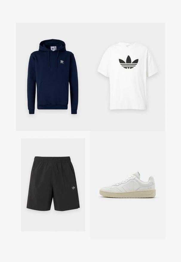 Mørkeblå hættejakke lavet af blødt, struktureret stof. Har en frontlomme, snoretræk i hætten og hvidt logo på brystet. Enkel design.; Hvid bomulds t-shirt med et stort sort Adidas trefoil-logo og tre vandrette striber nedenunder. Korte ærmer, rund halsudskæring.; Sorte elastiske sportsshorts med sidelommer og et lille Adidas-logo på venstre ben.; Hvide lædersneakers med struktureret overflade og polstret krave. Har en beige gummisål og diskret branding på hælen og siden.