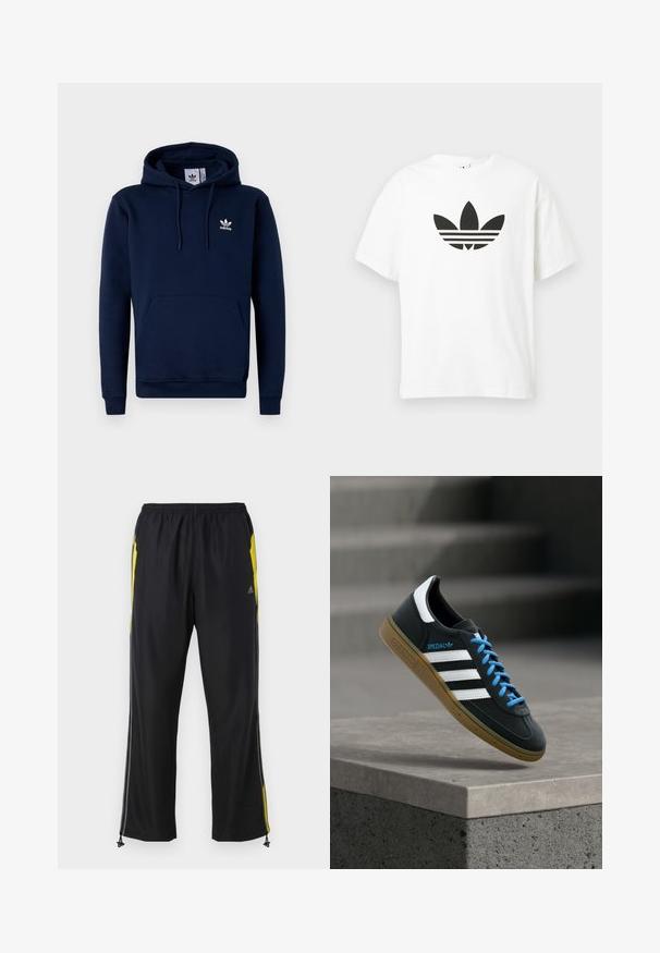 Mørkeblå hættejakke lavet af blødt, struktureret stof. Har en frontlomme, snoretræk i hætten og hvidt logo på brystet. Enkel design.; Hvid bomulds t-shirt med et stort sort Adidas trefoil-logo og tre vandrette striber nedenunder. Korte ærmer, rund halsudskæring.; Sorte træningsbukser med gule sideaccenter, elastisk talje og lynlåslommer på siden. Fremstillet af let og glat stof.; Sort Adidas sneaker med hvide striber, blå snørebånd og gummisål, der svæver over gråt betontrin i blødt lys.