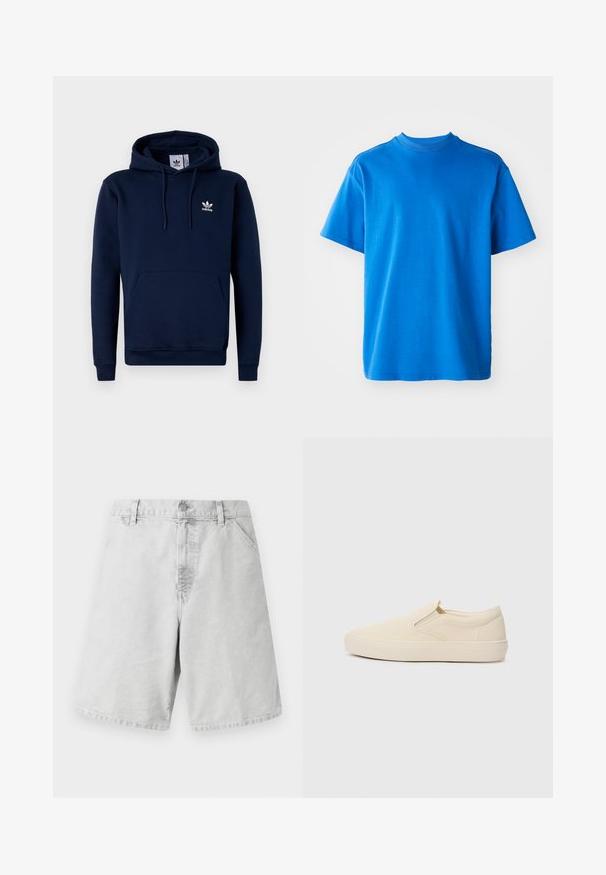 Marineblauwe hoodie van zacht, gestructureerd stof. Voorzien van een buidelzak aan de voorkant, een capuchon met trekkoord en een wit logo op de borst. Eenvoudig ontwerp.; Blauwe katoenen T-shirt met een ronde hals, korte mouwen en een relaxte pasvorm. Glad oppervlak en eenvoudig ontwerp zonder patronen of accenten.; Lichtgrijze katoenen shorts met een klassieke snit, voorzien van een ritssluiting, riemlussen en zijzakken. Gladde textuur met een eenvoudig ontwerp.; Beige instap schoenen van canvas met een rubberen zool. Voorzien van elastische zijaccenten en een gladde textuur. Eenvoudig, afgerond ontwerp.