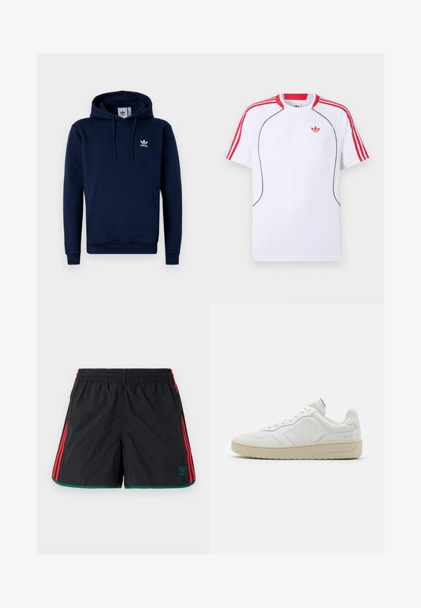 Dunkelblaues Hoodie aus weichem, strukturiertem Stoff. Mit einer Fronttasche, Kapuze mit Kordelzug und weißem Logo auf der Brust. Einfaches Design.; Weißes Sportshirt mit kurzen Ärmeln, roten Streifen auf Schultern und Ärmeln, schwarzer Paspelierung vorne und rotem Adidas-Trefoil-Logo auf der Brust.; Schwarze Shorts mit roten Seitestreifen und grünem Saum. Elastischer Bund mit dem grünen Adidas-Logo auf der linken Seite. Leichtes Material.; Weiße Leder-Sneaker mit strukturierter Oberfläche und gepolstertem Kragen. Sie verfügen über eine beigen Gummisohle und dezente Markenkennzeichnung an der Ferse und an der Seite.