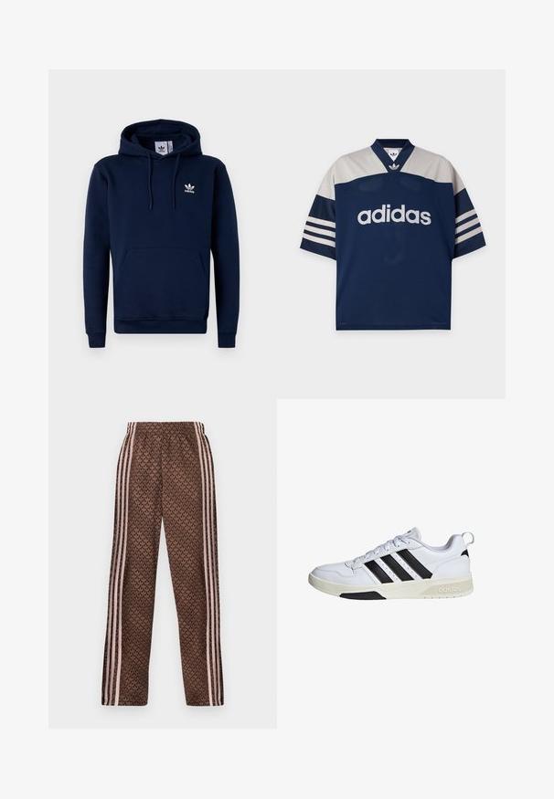 Mørkeblå hættejakke lavet af blødt, struktureret stof. Har en frontlomme, snoretræk i hætten og hvidt logo på brystet. Enkel design.; Marineblå og lysegrå Adidas sportstrøje med korte ærmer, hvid Adidas-logo centreret foran og tre hvide striber på ærmerne.; Brune træningsbukser med lyserøde lodrette striber på siderne og et gentaget løvmønster over det hele, elastisk talje, lige ben pasform.; Hvid Adidas sneaker med lavt skaft med sorte tre striber, snørebånd foran og beige sål, set fra ydersiden.