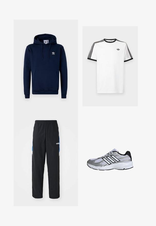 Námornícky modrá mikina s kapucňou vyrobená z jemnej, štruktúrovanej látky. Obsahuje predné vrecko, kapucňu so šnúrkou a biele logo na hrudi. Jednoduchý dizajn.; Biela bavlnená tričko s čiernym žebrovaným výstrihom a rukávmi, s tromi čiernymi pruhmi na každom pleci a malým logom na hrudi.; Čierne športové nohavice s elastickým pásom, s modro-bielymi grafickými akcentmi po stranách a vyšitým logom.; Mriežkovaná športová obuv v bielej a striebornej farbe, s čiernymi detailmi, logom troch bielych pruhov, polstrovaným golierom a textúrovanou gumovou podrážkou.