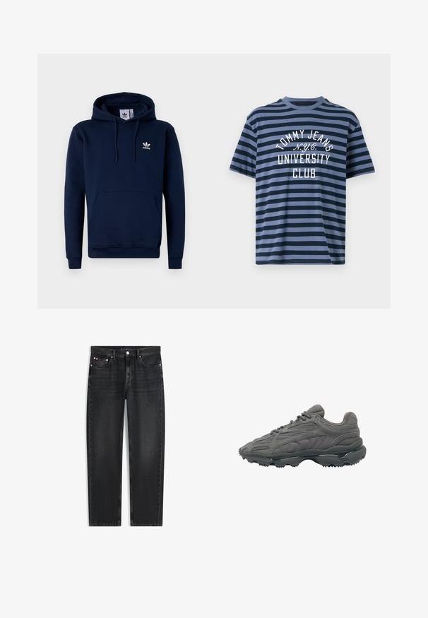 Marineblauwe hoodie van zacht, gestructureerd stof. Voorzien van een buidelzak aan de voorkant, een capuchon met trekkoord en een wit logo op de borst. Eenvoudig ontwerp.; Tommy Jeans STRIPE TEE - T-shirt print - dark night navy/blue moment; Zwarte spijkerbroek met een losse pasvorm. Heeft een knoopsluiting, vijf zakken en subtiele vervaging. Rechte pijp zonder versieringen.; Grijze suède sneaker met een gestructureerde bovenkant, strakke lijnen en een donkere rubberen zool met puntige gripnoppen. Minimale zichtbare branding.