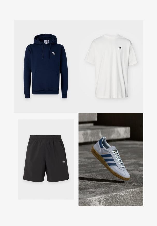 Sudadera azul marino hecha de un tejido suave y texturizado. Cuenta con un bolsillo frontal, capucha con cordón y un logo blanco en el pecho. Diseño sencillo.; Camiseta de algodón blanca con mangas cortas, cuello redondo y un pequeño logo negro de Adidas en el lado izquierdo del pecho. Textura suave, ajuste casual.; Pantalones cortos deportivos negros con cintura elástica, bolsillos laterales y un pequeño logo de Adidas en la pierna izquierda.; Zapatilla Adidas Spezial azul claro con rayas azul marino y suela de goma, mostrada en el aire sobre escalones de hormigón en un entorno exterior neutral.