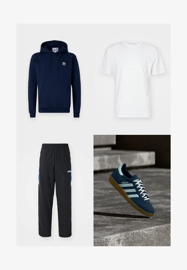 Marineblauwe hoodie van zacht, gestructureerd stof. Voorzien van een buidelzak aan de voorkant, een capuchon met trekkoord en een wit logo op de borst. Eenvoudig ontwerp.; Witte katoenen T-shirt met korte mouwen, ronde halslijn en een gladde textuur. Eenvoudig ontwerp zonder patronen of afbeeldingen.; Zwarte sportbroeken met een elastische tailleband, voorzien van blauwe en witte grafische accenten aan de zijkanten en een geborduurd logo.; Blauwe Adidas Spezial sneaker met witte strepen en veters, gumzool, zwevend boven een ruwe betonnen oppervlakte en trappen op de achtergrond.