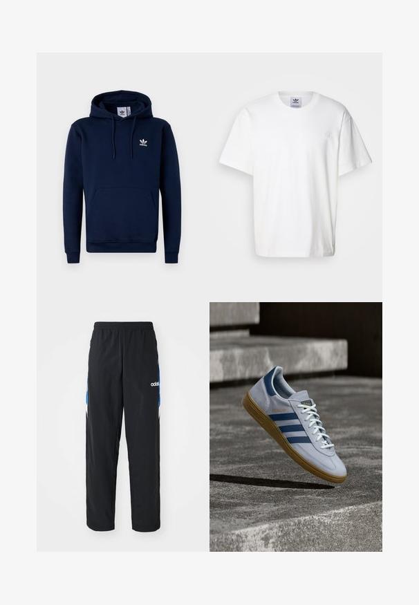 Sudadera azul marino hecha de un tejido suave y texturizado. Cuenta con un bolsillo frontal, capucha con cordón y un logo blanco en el pecho. Diseño sencillo.; Camiseta de algodón blanca con cuello redondo y mangas cortas. Presenta un pequeño logotipo bordado en el pecho. Diseño simple y clásico.; Pantalones deportivos negros con cintura elástica, que presentan acentos gráficos en azul y blanco en los laterales, y un logo bordado.; Zapatilla Adidas Spezial azul claro con rayas azul marino y suela de goma, mostrada en el aire sobre escalones de hormigón en un entorno exterior neutral.