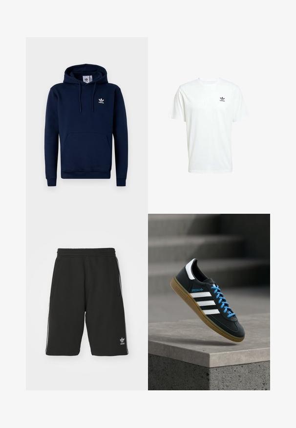 Mørkeblå hættejakke lavet af blødt, struktureret stof. Har en frontlomme, snoretræk i hætten og hvidt logo på brystet. Enkel design.; Hvid bomulds t-shirt med korte ærmer og rund hals. Har et lille sort Adidas-logo på venstre brystområde.; Sort shorts lavet af bomuldsblandet materiale med elastisk talje, med hvide sidelister og et lille logo nederst til venstre.; Sort Adidas sneaker med hvide striber, blå snørebånd og gummisål, der svæver over gråt betontrin i blødt lys.