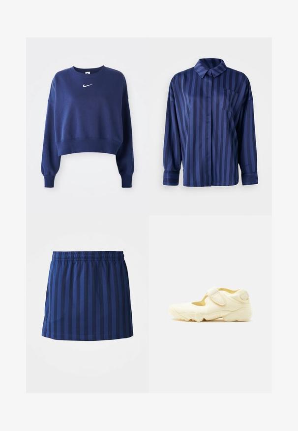 Marineblaue, verkürzte Sweatshirt aus weichem Stoff mit Rundhalsausschnitt, langen Ärmeln und einem weißen Nike-Logo auf der Brust.; Navyblaue gestreifte Bluse mit Kragen, Brusttasche und langen Ärmeln. Hergestellt aus einem glatten, glänzenden Stoff mit lockerer Passform.; Marineblauer Rock mit vertikalen Streifen, elastischer Taille, mittellange Länge, aus leichtem Stoff, glatte Textur.; Beiger Sportschuh mit dicker Sohle, Cut-out-Design und zwei verstellbaren Klettverschlüssen auf weißem Hintergrund.