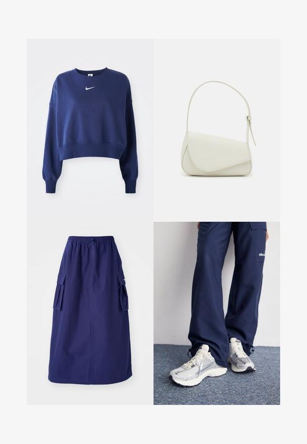 Navyblauwe cropped sweatshirt van zachte stof, met een ronde hals, lange mouwen en een wit Nike-logo op de borst.; Marineblauwe, middellange rok met een elastische tailleband, voorzien van twee zijcargo pockets en een minimale logo-opdruk. Gladde stoftextuur.; Nike hardloopschoenen met een zilveren mesh bovenkant, witte accenten en structuurzolen, gecombineerd met luchtige navy broeken.; Witte nepleren handtas met een gestructureerde driehoekige vorm, een enkele verstelbare schouderriem en een klep met ronde accenten.