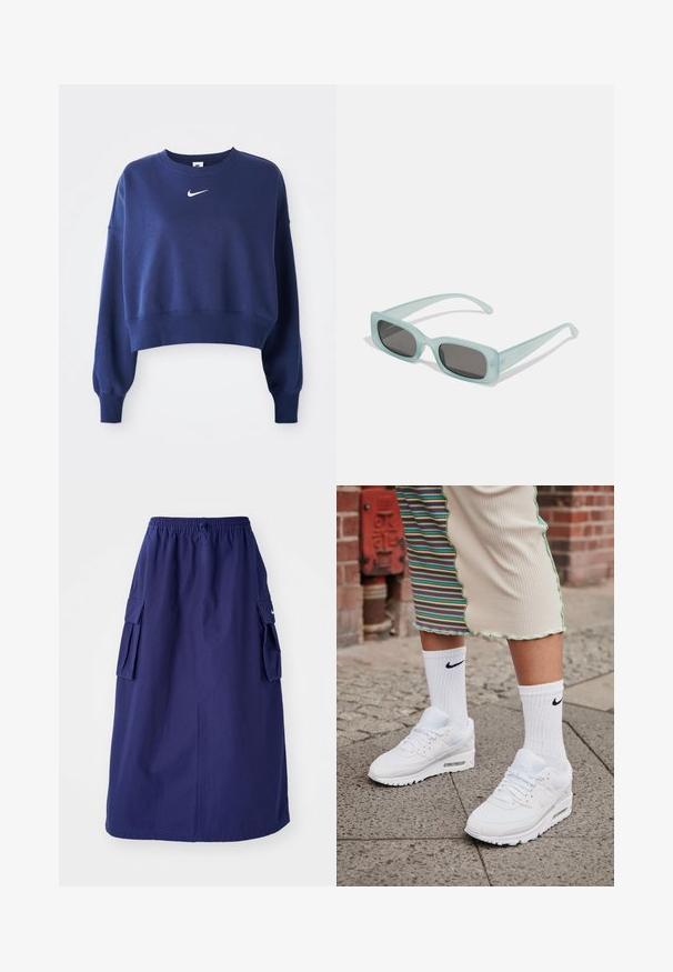 Mørkeblå cropped sweatshirt lavet af blødt stof, med rund hals, lange ærmer og et hvidt Nike-logo på brystet.; Marineblå, mellemlang nederdel med elastisk talje, der har to sidelommer og et minimalistisk logodesign. Glat stofstruktur.; Hvide Nike Air Max 90 sneakers med mesh og læderoverdel, der har en synlig luftenhed, parret med hvide ribbede sokker med sort logo.; Et par rektangulære solbriller med lyseblå gennemsigtige stel og mørkegrå linser, der har lige templer og minimale hardware detaljer.