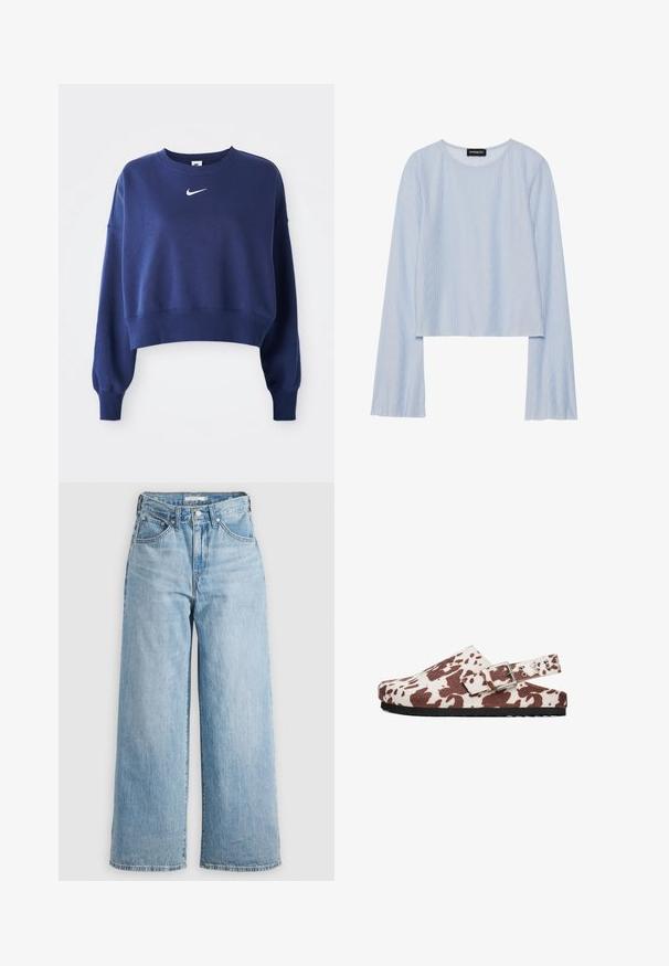 Námorníckomodrý skrátený sveter vyrobený z mäkkej látky, s okrúhlym výstrihom, dlhými rukávmi a bielym logom Nike na hrudi.; Svetlomodrá dlhá rukávová blúzka z textúrovaného materiálu s vlnkovým vzorom; má okrúhly výstrih a skrátený lem.; Svetlomodré široké džínsy s vysokým pásom, vyrobené z denimovej tkaniny. Obsahujú klasický dizajn s piatimi vreckami a kovovými detailami.; Dreváky s textúrou kravskej kože, so svetlou bielou základňou a hnedými škvrnami. Zadný remienok s prackou a striebornými kovovými doplnkami. Čierna podrážka.