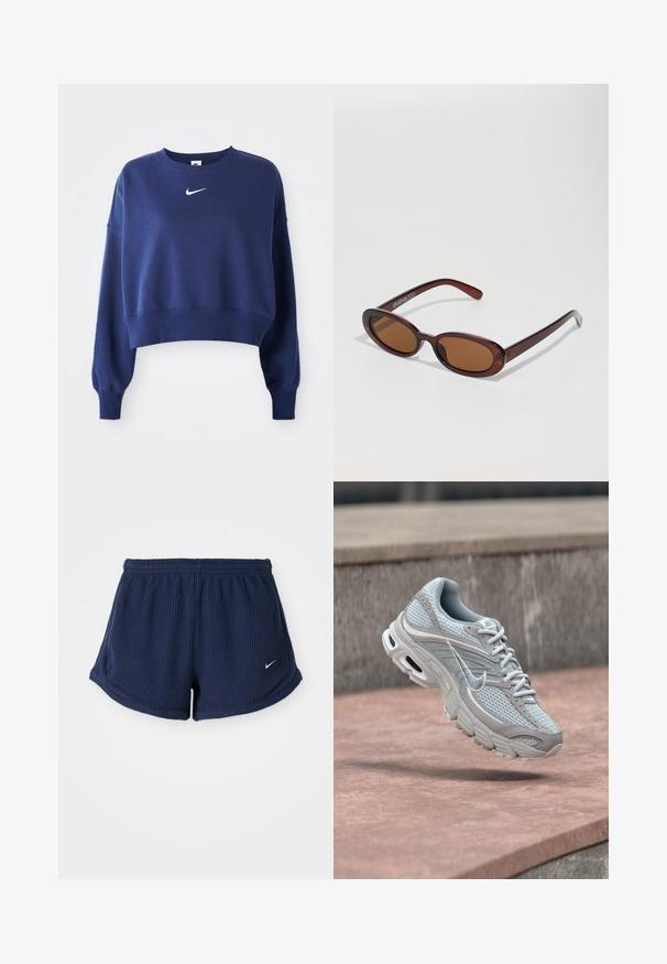 Navyblauwe cropped sweatshirt van zachte stof, met een ronde hals, lange mouwen en een wit Nike-logo op de borst.; Marineblauwe, geribbelde sportshorts met een elastische tailleband, voorzien van een klein wit Nike-logo aan de onderzijde. Zachte stof.; Lichtgrijze en witte Nike hardloopschoen met mesh en gewatteerde zool, zwevend in de lucht tegen een achtergrond van betonnen trappen.; Ronde, bruin getinte zonnebril met een glanzend bordeauxrood frame. Slanke pootjes met subtiele merkdetails. Vlakke lensontwerp.