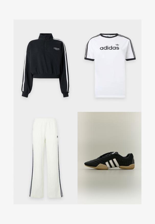 Sweatshirt noir court avec un col montant et une fermeture éclair au quart. Présente des bandes blanches sur les côtés et un petit logo brodé sur la poitrine.; T-shirt en coton blanc avec accents noirs, doté d'un col rond, de manches courtes, de trois bandes noires sur les épaules et du logo "adidas" en noir.; Pantalon crème clair en maille torsadée avec une coupe évasée. Doté de bandes latérales bleu foncé et d'un logo Adidas sur la hanche. Taille élastique.; Chaussure de sport noire avec des bandes blanches et une semelle beige texturée sur un fond neutre, vue de profil.
