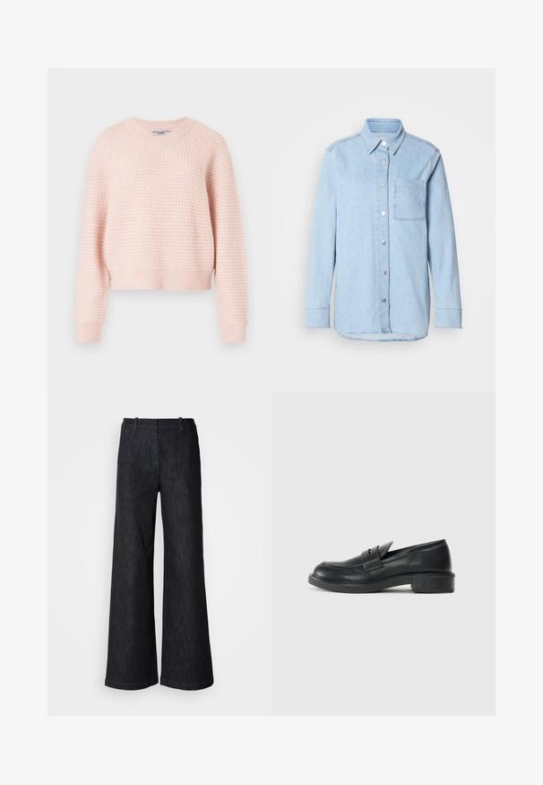 Lichtroze gebreide trui met een gestructureerd patroon, v-hals en geribde manchetten en zoom. Korte stijl met een comfortabele pasvorm.; Lichtblauwe denim shirt met een knoopsluiting aan de voorkant, puntige kraag, één borstzak en lange mouwen met knoopmanchetten.; Zwarte wijde denimbroek met een gestructureerde afwerking, voorzien van taillebandlussen en een nette zoom. Klassiek ontwerp, geschikt voor verschillende gelegenheden.; Zwarte leren instappers met een ronde punt, gestikte details en een kleine hak. Soepele textuur en een flexibele rubberen zool.