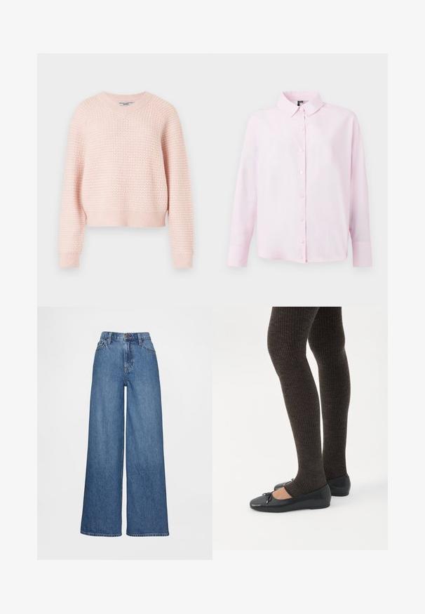 Lichtroze gebreide trui met een gestructureerd patroon, v-hals en geribde manchetten en zoom. Korte stijl met een comfortabele pasvorm.; Lichtroze langemouw shirt, knoopsluiting aan de voorkant, klassieke kraag, gemaakt van zachte stof, met een losse pasvorm en een gladde textuur.; Wijde jeans in mediumblauwe denim met een hoge taille, riemlussen en knoopsluiting. Gladde textuur met minimale stikdetails.; Benen met donkere geribbelde leggings gecombineerd met zwarte ballerina's met kleine strikdetails op een witte achtergrond.