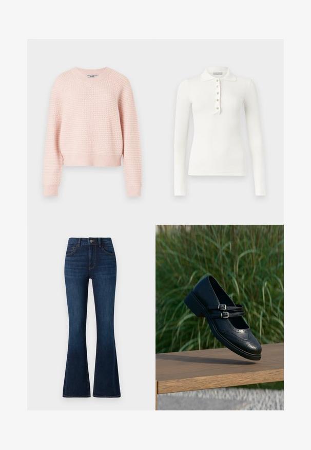 Suéter de punto rosa claro con un patrón texturizado, escote en V y puños y dobladillo acanalados. Diseño corto con un ajuste relajado.; Polo blanco de manga larga con canalé, cinco botones y cuello vuelto sobre un fondo liso.; TOM TAILOR STELLA azul oscuro; Zapato Mary Jane negro de cuero con dobles correas con hebillas y detalles brogue, flotando sobre un banco de madera con fondo de césped verde.